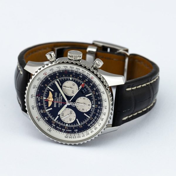 Breitling Navitimer GMT AB044121 2017 Watch Box Papers Warranty, black dial skeleton back Black Crocodile strap steel Breitling folding deployment clasp