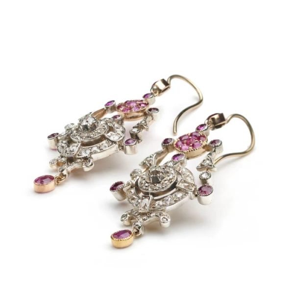 Victorian Antique Ruby and Old Cut Diamond Cluster Drop Earrings, cushion cut rubies, old-cut and rose-cut diamonds in silver upon gold, Circa 1880