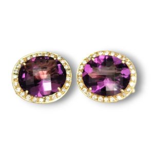 Amethyst and Diamond Halo Cluster Stud Earrings, oval purple amethysts surrounded by halos of sparkling diamonds in 18ct yellow gold