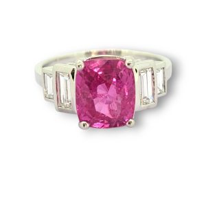 3.90ct Oval Natural Pink Sapphire and Baguette Diamond Engagement Ring in 18ct White Gold