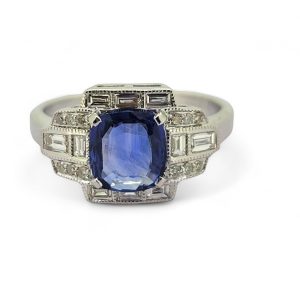 Art Deco Style 1.58ct Sapphire and Diamond Cluster Engagement Ring in 18ct White Gold