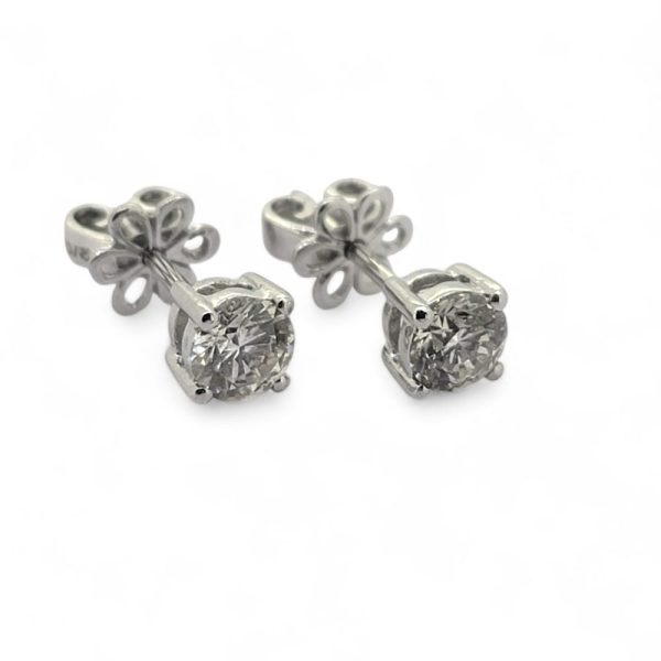 Diamond Solitaire Stud Earrings in 18ct, 0.80 carats, 0.80cts single stone round brilliant-cut diamonds four-claw set in 18ct white gold with post and butterfly fittings