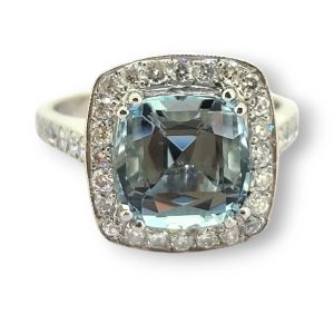 3ct Aquamarine and Diamond Cluster Engagement Ring in Platinum