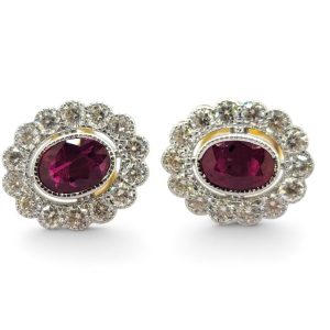 Ruby and diamond opal shape cluster earrings