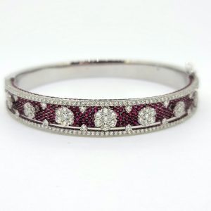 2ct Ruby and 3ct Diamond Cluster Bangle Bracelet, 18ct white gold bangle with diamond floral clusters surrounded by rubies