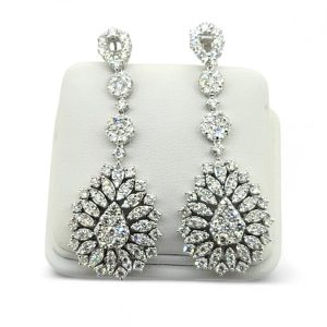 6ct Diamond Pear Shaped Cluster Drop Earrings, 6 carats of sparkling round brilliant-cut diamonds arranged in pear shaped drops accented with marquise shaped surrounds in 18ct white gold