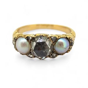 Victorian Antique Natural Pearl and Rose Cut Diamond Trilogy Ring