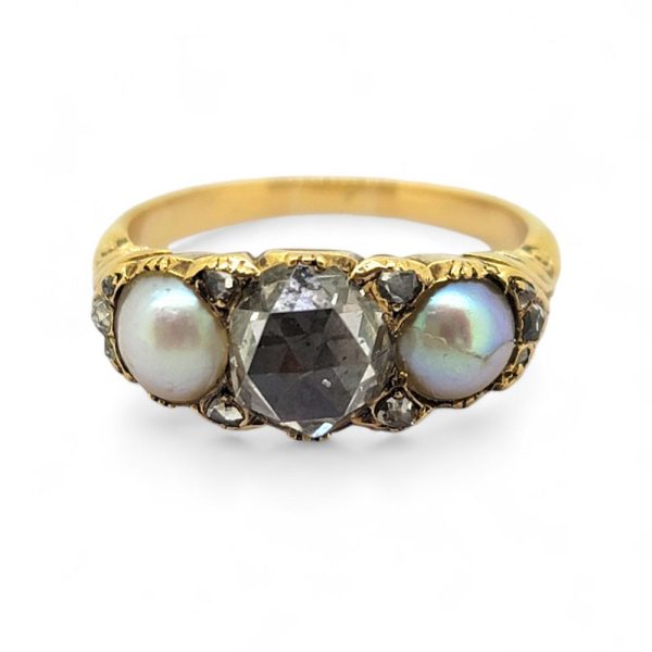 Victorian Antique Natural Pearl and Rose Cut Diamond Three Stone Engagement Ring