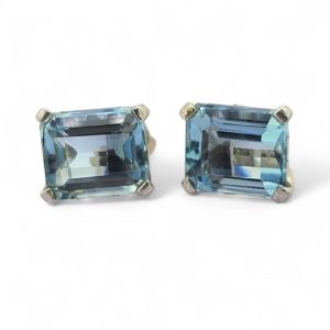 Emerald Cut Aquamarine Stud Earrings in 18ct White Gold