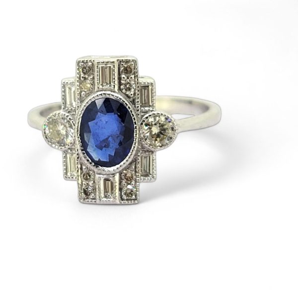 Sapphire and Diamond Cluster Plaque Tablet Engagement Ring in 18ct White Gold