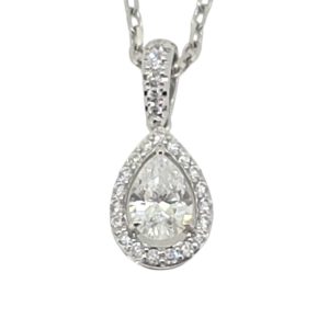 Pear Shaped Diamond Cluster Pendant and Chain with Certificate, certified VS2 0.43ct pear cut diamond surrounded by fixed diamond halo to a diamond set bail in 18ct white gold