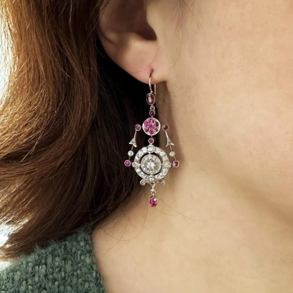 Victorian Antique Ruby and Old Cut Diamond Cluster Drop Earrings, cushion cut rubies, old-cut and rose-cut diamonds in silver upon gold, Circa 1880