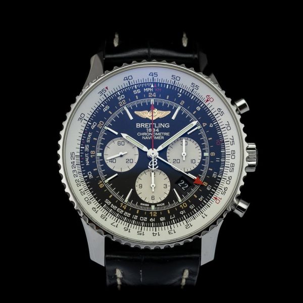 Breitling Navitimer GMT AB044121 2017 Watch Box Papers Warranty, black dial skeleton back Black Crocodile strap steel Breitling folding deployment clasp