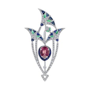 3.35ct Pink Tourmaline Sapphire Emerald and Diamond Brooch depicting a central pink lotus flower bud under its leaves in 18ct white gold