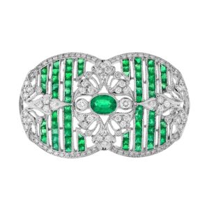 Art Deco Style Emerald and Diamond Brooch in 18ct Gold