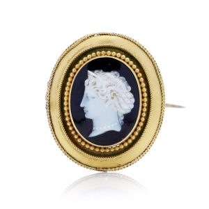 Antique Gold Onyx Cameo Brooch With A Woman’s Profile