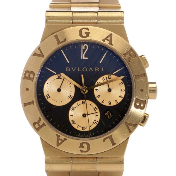 Bvlgari Diagono CH35G 18ct Yellow Gold Watch, black dial with Arabic and index hour markers, three chronograph three sub-dials for 60 seconds, 30 minutes, and 12 hours