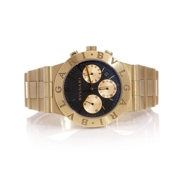 Bvlgari Diagono CH35G 18ct Yellow Gold Watch, black dial with Arabic and index hour markers, three chronograph three sub-dials for 60 seconds, 30 minutes, and 12 hours