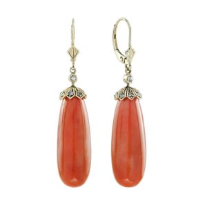 Vivid Orange Coral Drop Earrings with Rose Cut Diamond Caps