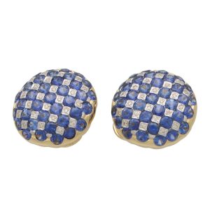 A pair of vintage sapphire and diamond checkerboard design earrings made in 18ct yellow gold and platinum