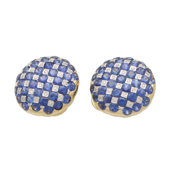 A pair of vintage sapphire and diamond checkerboard design earrings made in 18ct yellow gold and platinum