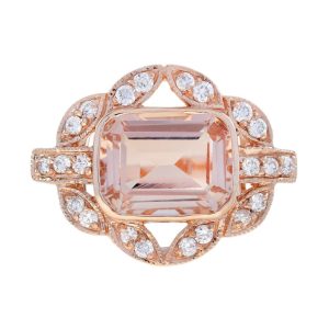 Decorative 2.68ct Emerald Cut Morganite and Diamond Cluster Ring in 14ct Rose Gold