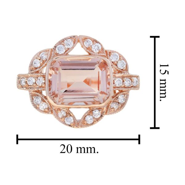 Decorative 2.68ct Emerald Cut Morganite and Diamond Cluster Ring in 14ct Rose Gold