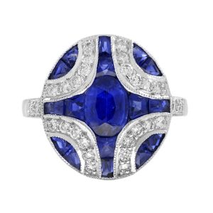 1.10ct Oval Sapphire and Diamond Geometric Cluster Dress Engagement Ring in 18ct White Gold