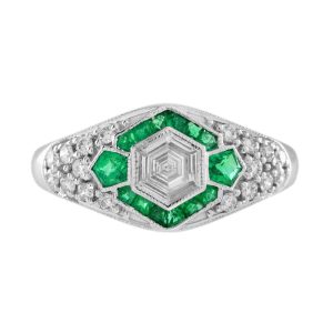 Hexagonal Diamond and Emerald Cluster Engagement Ring, 0.38ct hexagonal-cut diamond surrounded by calibre emerald hexagon border in 18ct white gold with diamond studded shoulders