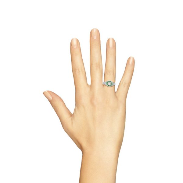 Hexagonal Diamond and Emerald Cluster Engagement Ring, 0.38ct hexagonal-cut diamond surrounded by calibre emerald hexagon border in 18ct white gold with diamond studded shoulders