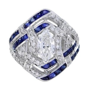 GIA 1ct Marquise Diamond and Sapphire Cluster Dress Ring, D Colour Internally Flawless