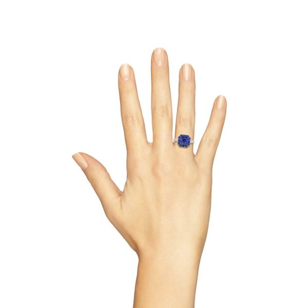 Octagonal Sapphire Cluster Solitaire Engagement Ring, 5.72cts multi asscher and calibre cut sapphires arranged in invisible setting to produce an octagonal shaped design