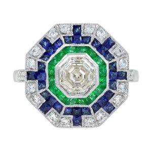 Asscher Cut Diamond Emerald Sapphire Octagonal Cluster Ring