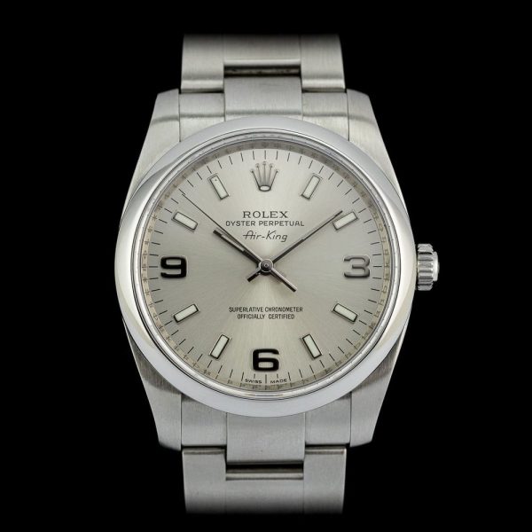 Rolex Air King 114200 34mm Stainless Steel Automatic Watch, silver dial and smooth polished bezel on steel bracelet strap