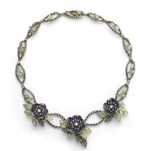 Sapphire Diamond Plique a Jour Enamel Flower and Leaf Necklace