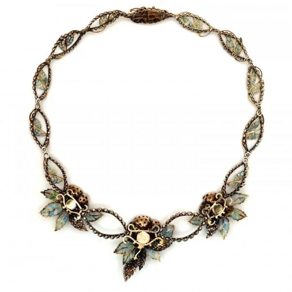 Sapphire Diamond and Green Plique a Jour Enamel Flower and Leaf Necklace
