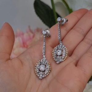 Antique edwardian diamond and natural pearl platinum earrings