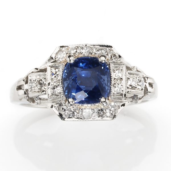 1.73ct Cushion Cut No Heat Royal Blue Sapphire and Diamond Cluster Ring in Platinum and 18ct White Gold with Certificate