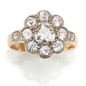 Old Cut Diamond and White Sapphire Floral Cluster Ring