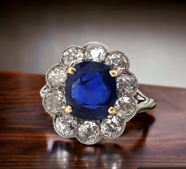 Antique Art-Deco Burma no heat sapphire and diamond cluster engagement ring
