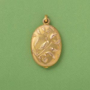 antique art nouveau 18ct yellow gold mistletoe design locket, France circa 1900