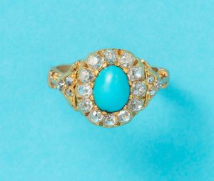 Antique 18ct Yellow Gold Cluster Ring with Turquoise and Diamonds