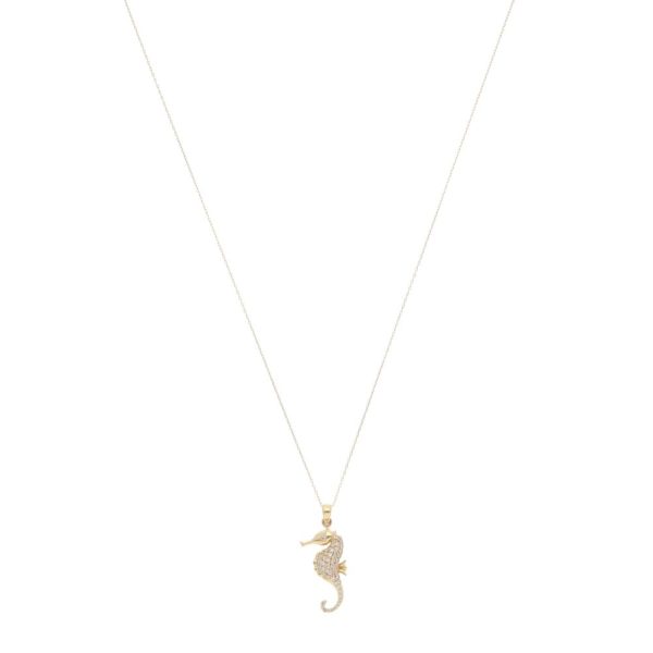 Diamond seahorse pendant necklace in gold.