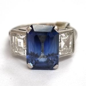 Art Deco 3.20ct Natural Ceylon Sapphire and 1.50ct Diamond Three Stone Trilogy Engagement Ring in Platinum