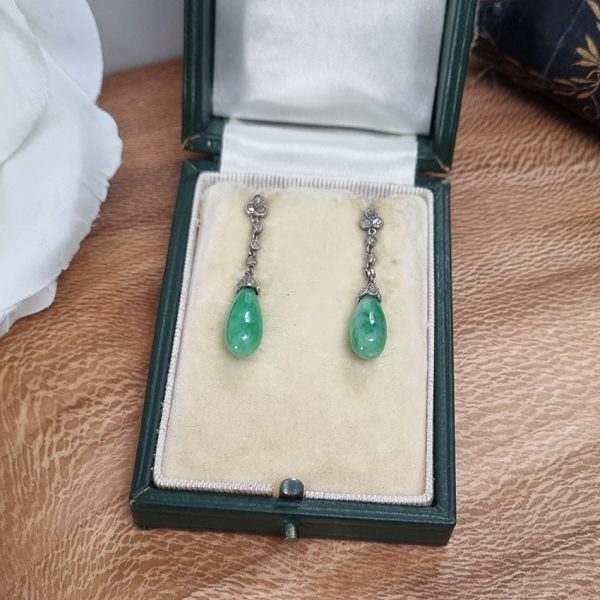 Antique Jadeite Jade and Rose Cut Diamond Drop Earrings in Platinum