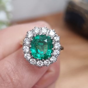 Vintage 2ct Emerald and Diamond Cluster Ring