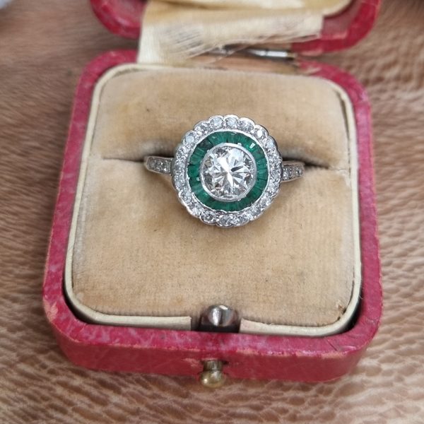 Art Deco 1.07ct Diamond and Emerald Target Cluster Engagement Ring in Platinum