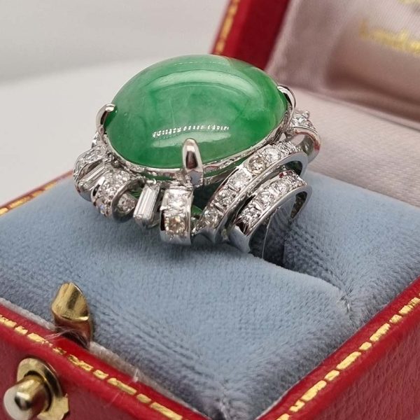 Vintage 23ct Natural Jadeite Jade and Diamond Cluster Ring