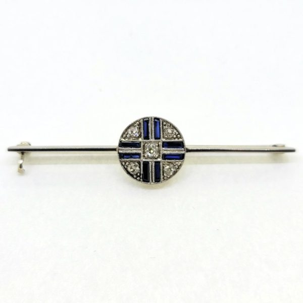Sapphire and Diamond Circle Cluster Bar Brooch in Platinum