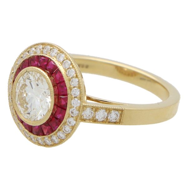 Diamond and ruby double target ring in gold